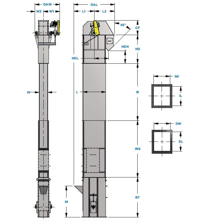 Bucket Elevator Engineering Guide - Dimensional Drawing - KWS Manufacturing