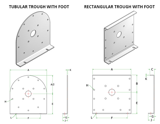 Tubular and Rectangular Trough Ends With Feet Diagram