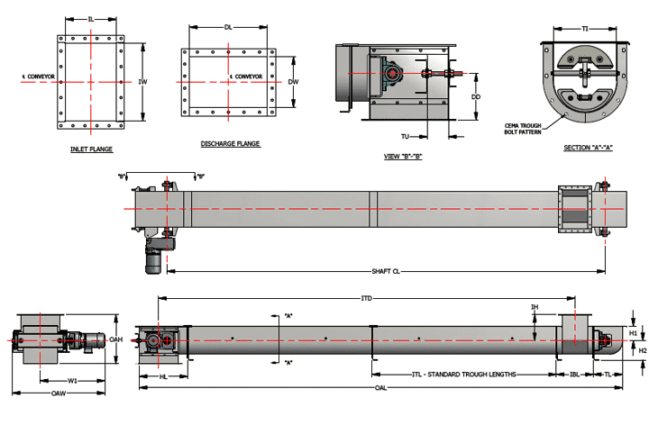 Drag Conveyor Dimensional Standards - Round Bottom Drag Conveyor - KWS Manufacturing