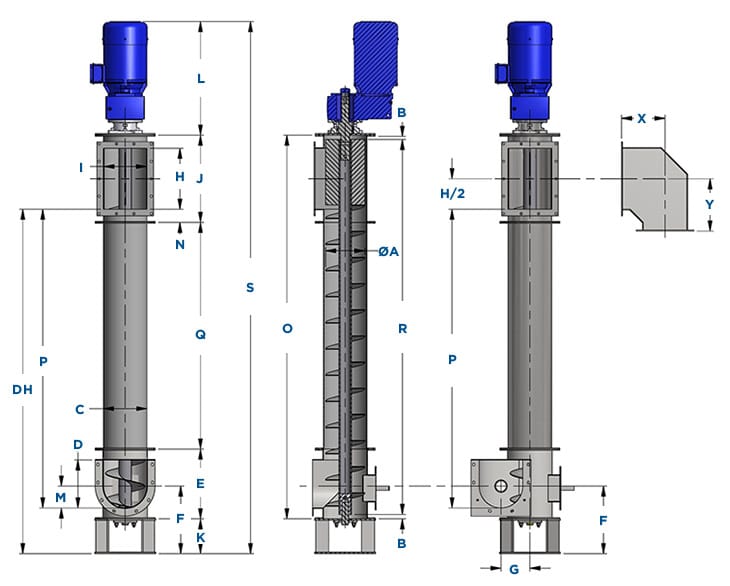 Vertical Screw Conveyor Engineering Guide Dimensional Drawing - KWS