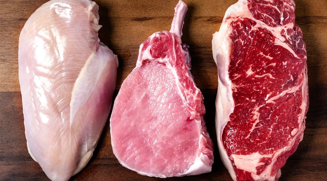 Meat cuts of beef, chicken, and pork