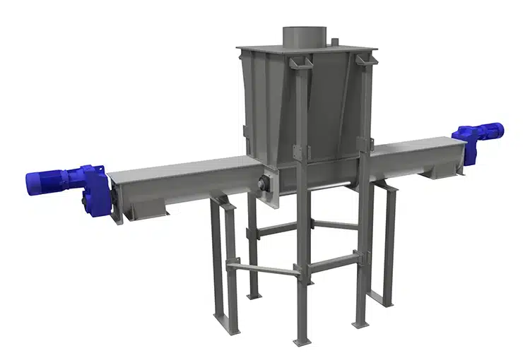 Hopper with Bidirectional Screw Feeder Meters Heavy Aggregate in Two Directions